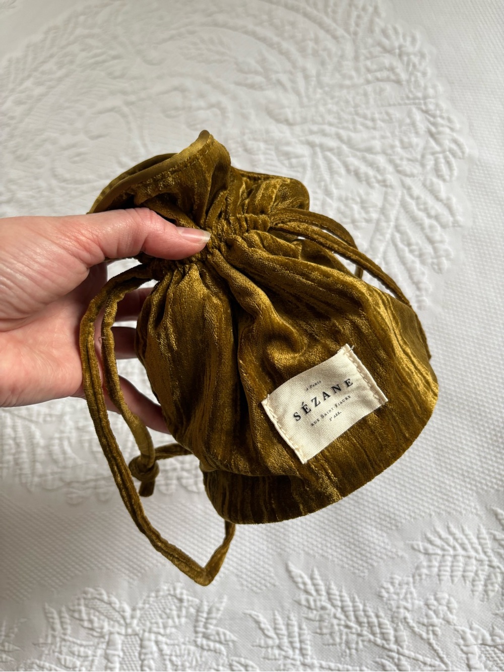 Sezane velvet olive drawstring pouch bag makeup jewelry gift holder